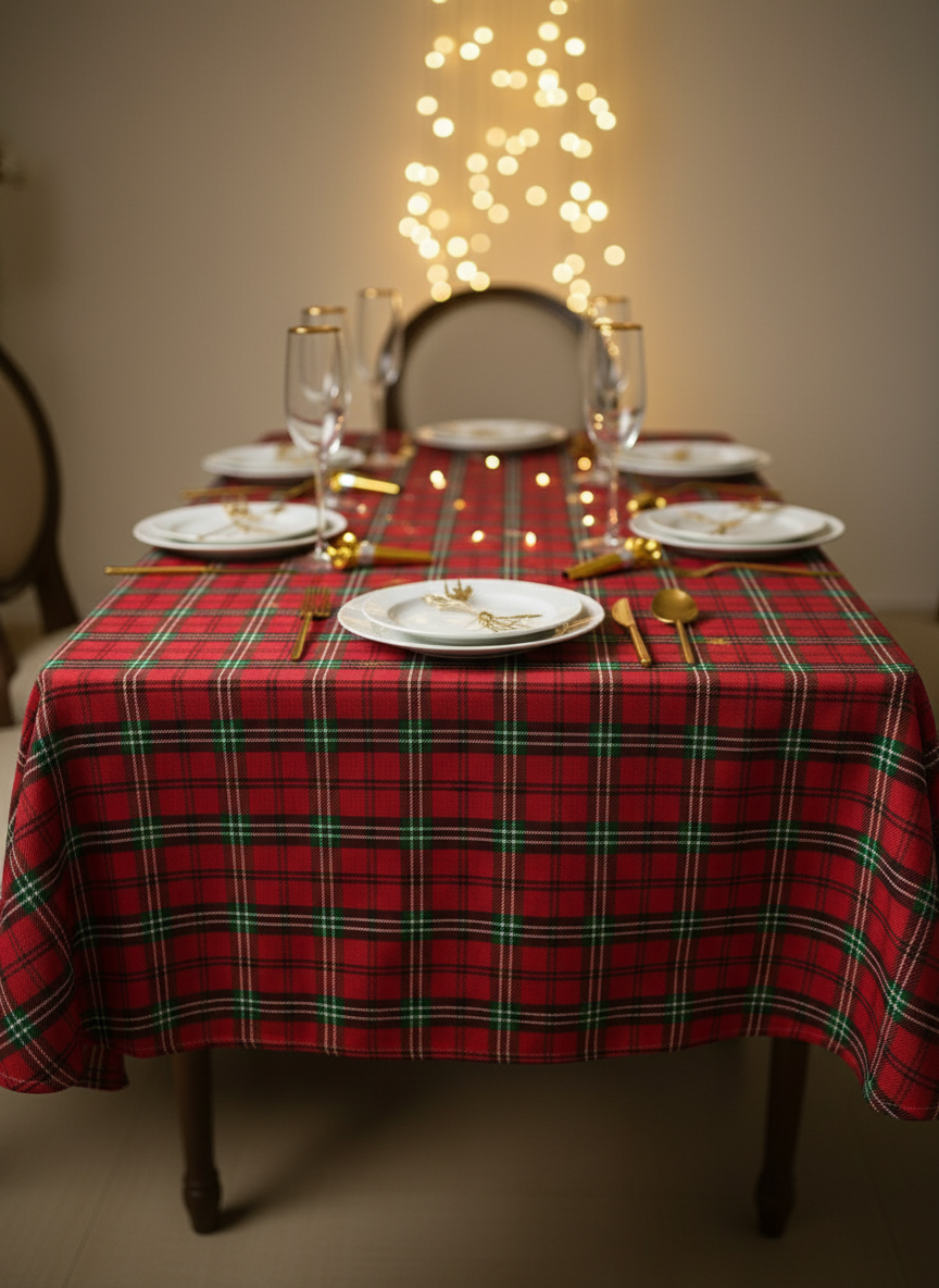 Pravougaoni crveni karirani stolnjak na pravougaonom stolu